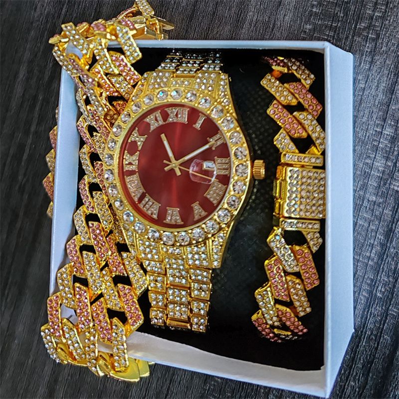 3pcs/set European and American Popular Hip-hop Men's Watch Set Full Diamonds Luxury Gold Red Round Quartz Wrist Watch Colorful Cuban Chain Jewelry Bracelet Necklace Rapper Hip Hop Fashion Jewelry Set
