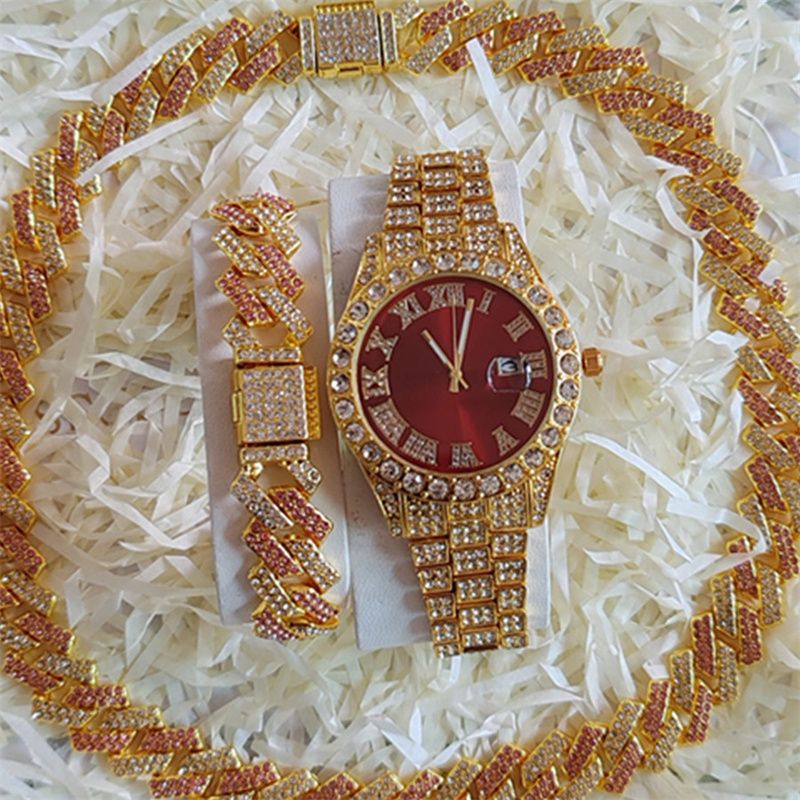3pcs/set European and American Popular Hip-hop Men's Watch Set Full Diamonds Luxury Gold Red Round Quartz Wrist Watch Colorful Cuban Chain Jewelry Bracelet Necklace Rapper Hip Hop Fashion Jewelry Set