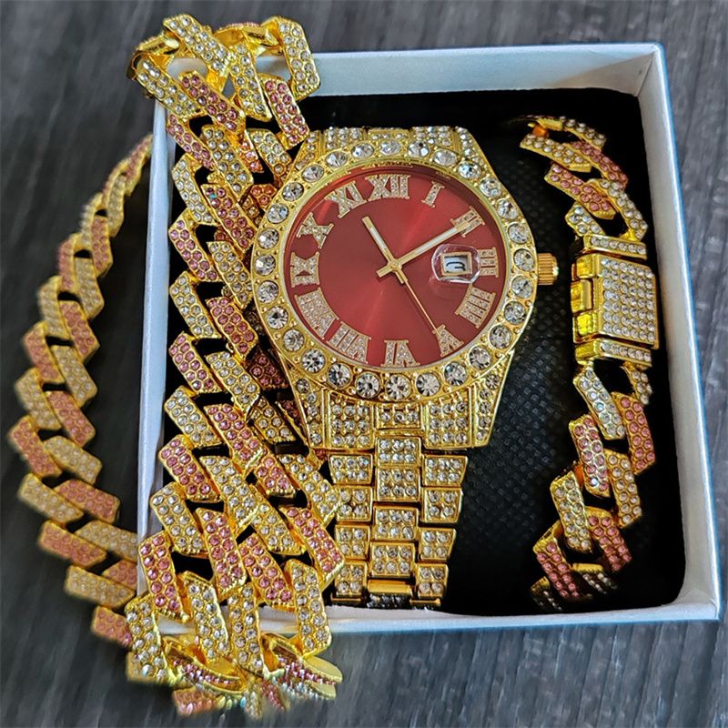 3pcs/set European and American Popular Hip-hop Men's Watch Set Full Diamonds Luxury Gold Red Round Quartz Wrist Watch Colorful Cuban Chain Jewelry Bracelet Necklace Rapper Hip Hop Fashion Jewelry Set