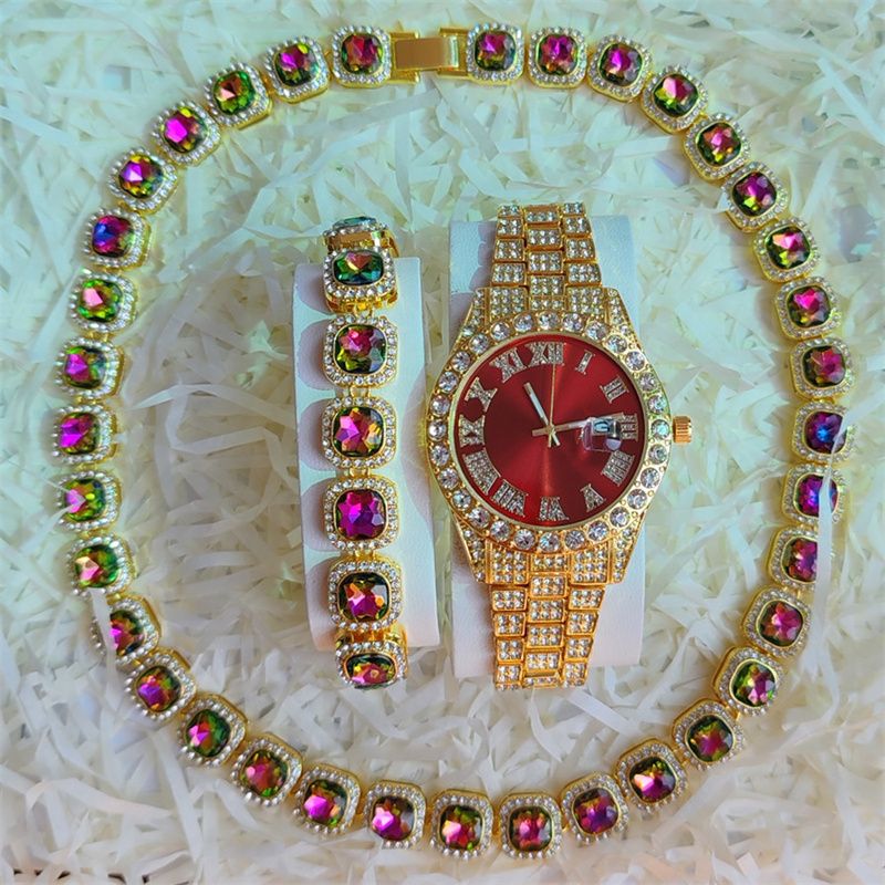 3pcs/set European and American Popular Hip-hop Men's Watch Set Full Diamonds Luxury Gold Red Round Quartz Wrist Watch Colorful Cuban Chain Jewelry Bracelet Necklace Rapper Hip Hop Fashion Jewelry Set