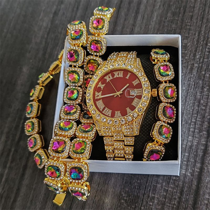 3pcs/set European and American Popular Hip-hop Men's Watch Set Full Diamonds Luxury Gold Red Round Quartz Wrist Watch Colorful Cuban Chain Jewelry Bracelet Necklace Rapper Hip Hop Fashion Jewelry Set