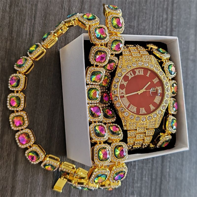 3pcs/set European and American Popular Hip-hop Men's Watch Set Full Diamonds Luxury Gold Red Round Quartz Wrist Watch Colorful Cuban Chain Jewelry Bracelet Necklace Rapper Hip Hop Fashion Jewelry Set