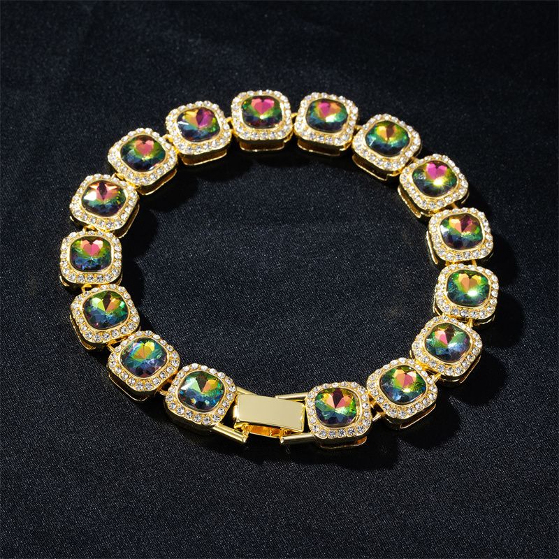 3pcs/set European and American Popular Hip-hop Men's Watch Set Full Diamonds Luxury Gold Red Round Quartz Wrist Watch Colorful Cuban Chain Jewelry Bracelet Necklace Rapper Hip Hop Fashion Jewelry Set