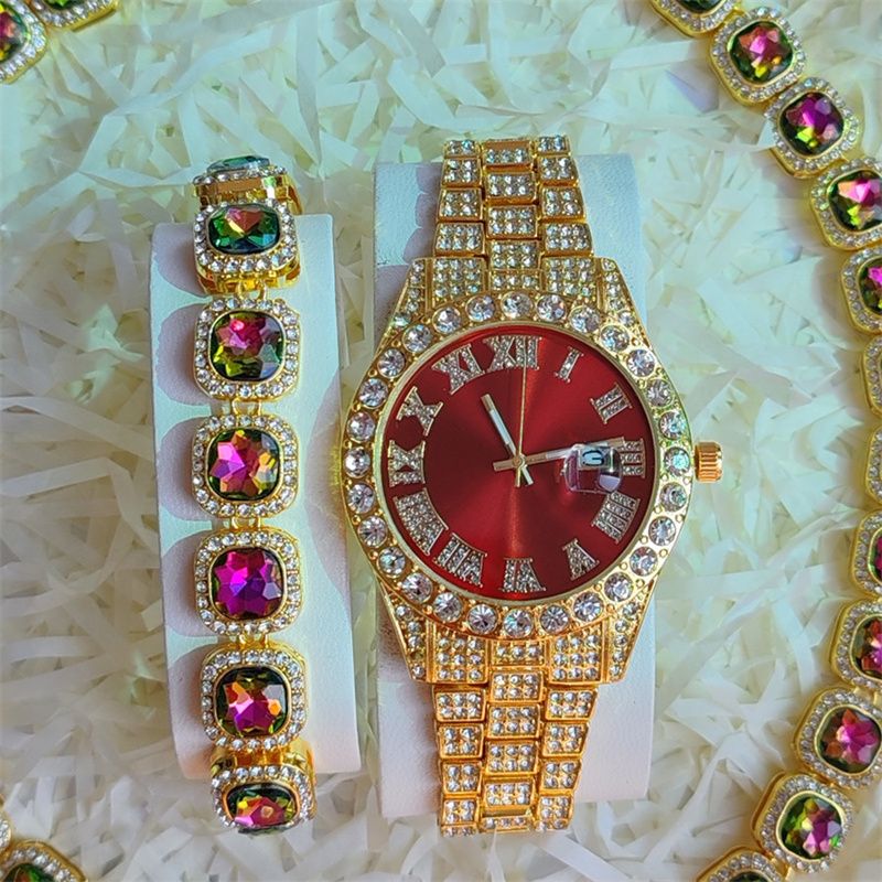 3pcs/set European and American Popular Hip-hop Men's Watch Set Full Diamonds Luxury Gold Red Round Quartz Wrist Watch Colorful Cuban Chain Jewelry Bracelet Necklace Rapper Hip Hop Fashion Jewelry Set