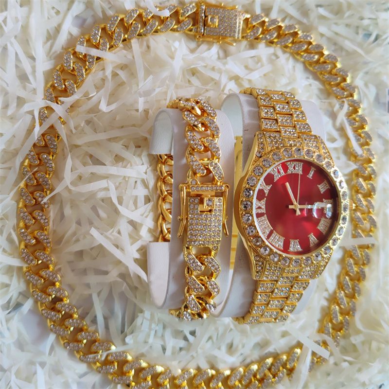 3pcs/set European and American Popular Hip-hop Men's Watch Set Full Diamonds Luxury Gold Red Round Quartz Wrist Watch Colorful Cuban Chain Jewelry Bracelet Necklace Rapper Hip Hop Fashion Jewelry Set