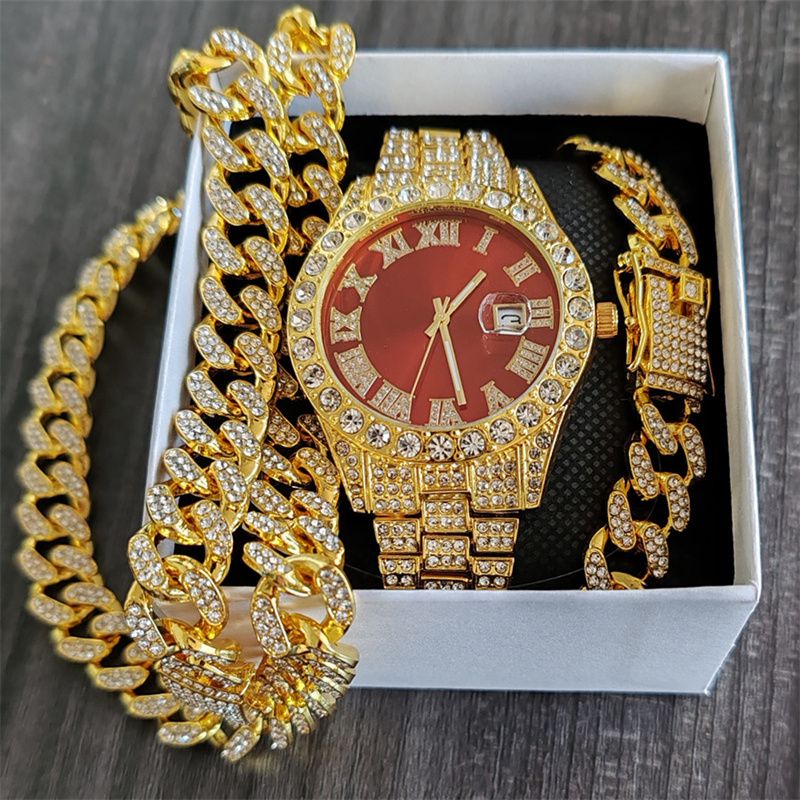 3pcs/set European and American Popular Hip-hop Men's Watch Set Full Diamonds Luxury Gold Red Round Quartz Wrist Watch Colorful Cuban Chain Jewelry Bracelet Necklace Rapper Hip Hop Fashion Jewelry Set