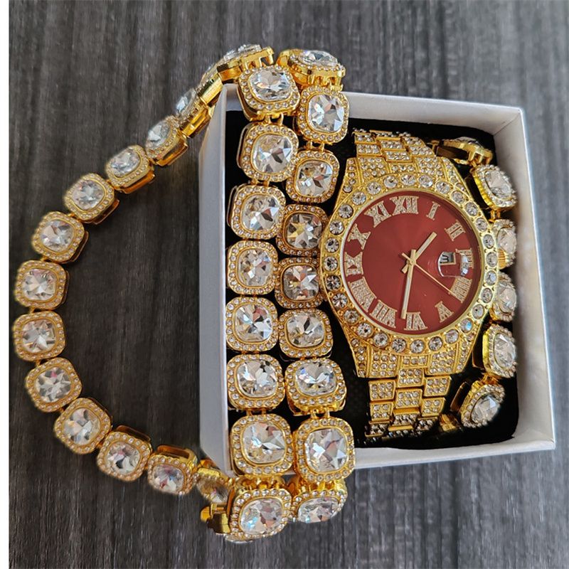 3pcs/set European and American Popular Hip-hop Men's Watch Set Full Diamonds Luxury Gold Red Round Quartz Wrist Watch Colorful Cuban Chain Jewelry Bracelet Necklace Rapper Hip Hop Fashion Jewelry Set