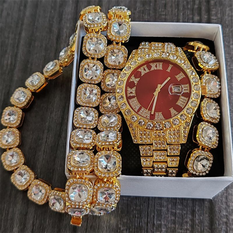 3pcs/set European and American Popular Hip-hop Men's Watch Set Full Diamonds Luxury Gold Red Round Quartz Wrist Watch Colorful Cuban Chain Jewelry Bracelet Necklace Rapper Hip Hop Fashion Jewelry Set