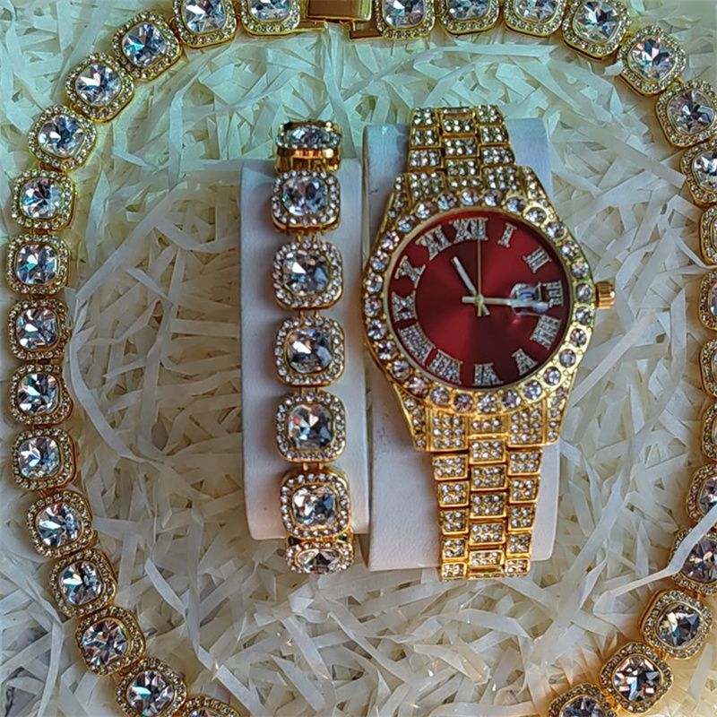 3pcs/set European and American Popular Hip-hop Men's Watch Set Full Diamonds Luxury Gold Red Round Quartz Wrist Watch Colorful Cuban Chain Jewelry Bracelet Necklace Rapper Hip Hop Fashion Jewelry Set