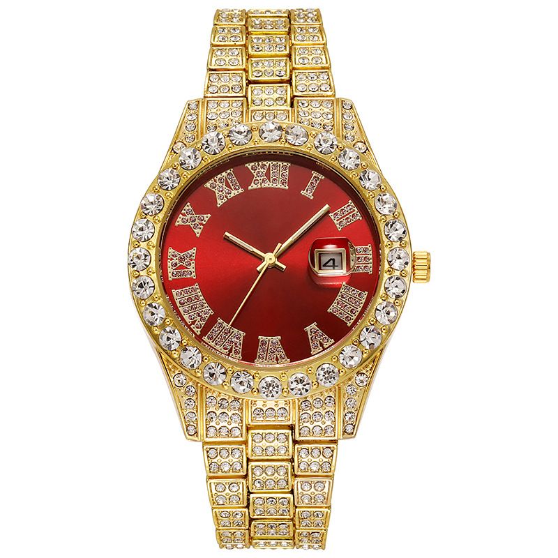 3pcs/set European and American Popular Hip-hop Men's Watch Set Full Diamonds Luxury Gold Red Round Quartz Wrist Watch Colorful Cuban Chain Jewelry Bracelet Necklace Rapper Hip Hop Fashion Jewelry Set