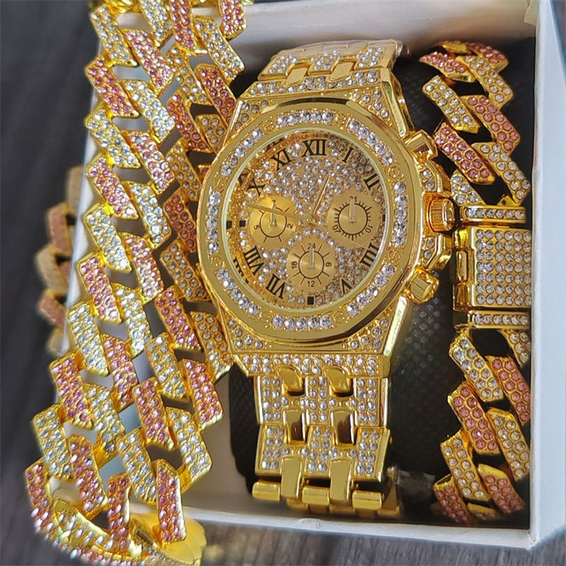 3pcs/set European and American Popular Hip-hop Men's Watch Set Full Diamonds Luxury Gold Quartz Wrist Watch Fashion Cuban Chain Jewelry Bracelet Necklace Rapper Accessories Hip Hop Fashion Jewelry Set