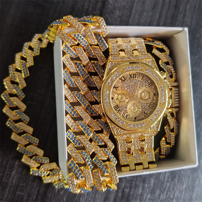 3pcs/set European and American Popular Hip-hop Men's Watch Set Full Diamonds Luxury Gold Quartz Wrist Watch Fashion Cuban Chain Jewelry Bracelet Necklace Rapper Accessories Hip Hop Fashion Jewelry Set