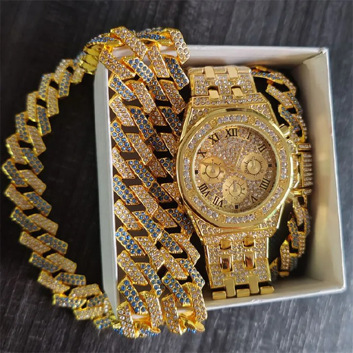 3pcs/set European and American Popular Hip-hop Men's Watch Set Full Diamonds Luxury Gold Quartz Wrist Watch Fashion Cuban Chain Jewelry Bracelet Necklace Rapper Accessories Hip Hop Fashion Jewelry Set