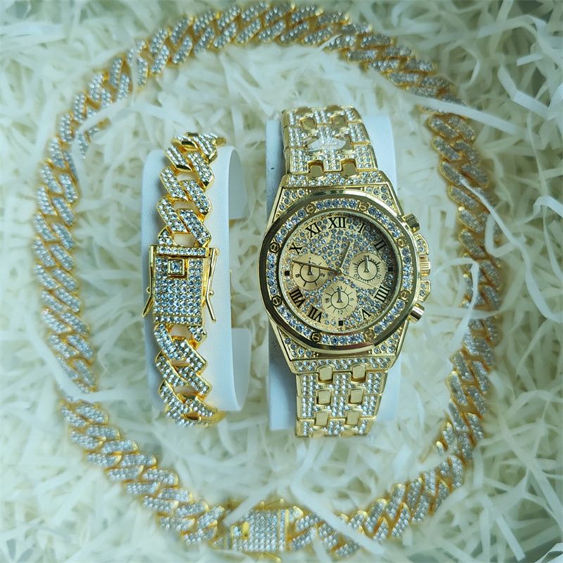 3pcs/set European and American Popular Hip-hop Men's Watch Set Full Diamonds Luxury Gold Quartz Wrist Watch Fashion Cuban Chain Jewelry Bracelet Necklace Rapper Accessories Hip Hop Fashion Jewelry Set