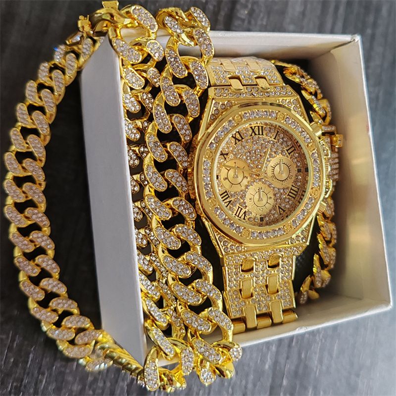 3pcs/set European and American Popular Hip-hop Men's Watch Set Full Diamonds Luxury Gold Quartz Wrist Watch Fashion Cuban Chain Jewelry Bracelet Necklace Rapper Accessories Hip Hop Fashion Jewelry Set