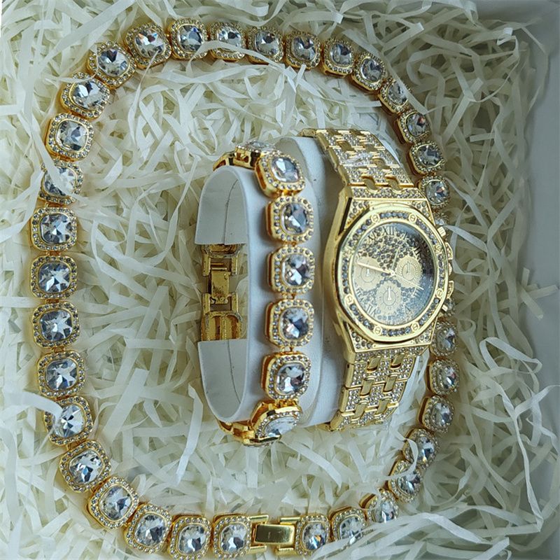 3pcs/set European and American Popular Hip-hop Men's Watch Set Full Diamonds Luxury Gold Quartz Wrist Watch Fashion Cuban Chain Jewelry Bracelet Necklace Rapper Accessories Hip Hop Fashion Jewelry Set