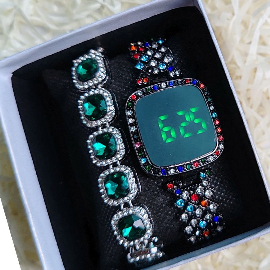 2pcs/set Women's Jewelry Watch Set Square Full Diamond LED Touch Screen Electronic Watches Large Rhinestone Bracelet Hip Hop Fashion Accessories
