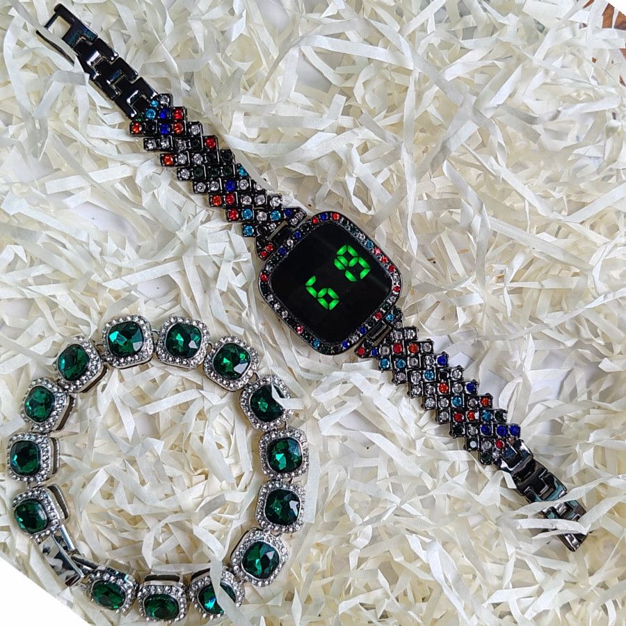 2pcs/set Women's Jewelry Watch Set Square Full Diamond LED Touch Screen Electronic Watches Large Rhinestone Bracelet Hip Hop Fashion Accessories