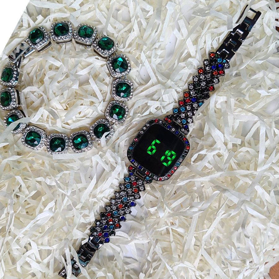 2pcs/set Women's Jewelry Watch Set Square Full Diamond LED Touch Screen Electronic Watches Large Rhinestone Bracelet Hip Hop Fashion Accessories