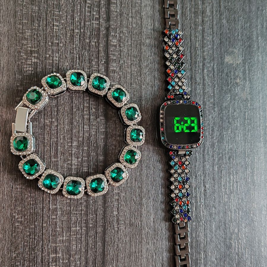 2pcs/set Women's Jewelry Watch Set Square Full Diamond LED Touch Screen Electronic Watches Large Rhinestone Bracelet Hip Hop Fashion Accessories