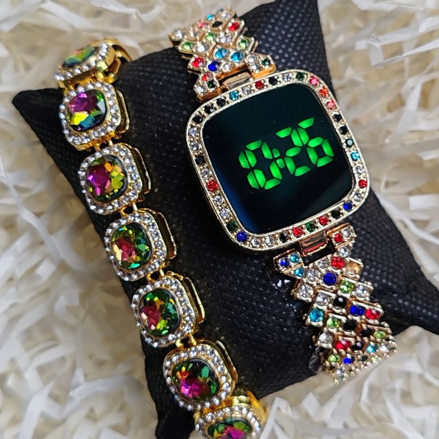 2pcs/set Women's Jewelry Watch Set Square Full Diamond LED Touch Screen Electronic Watches Large Rhinestone Bracelet Hip Hop Fashion Accessories