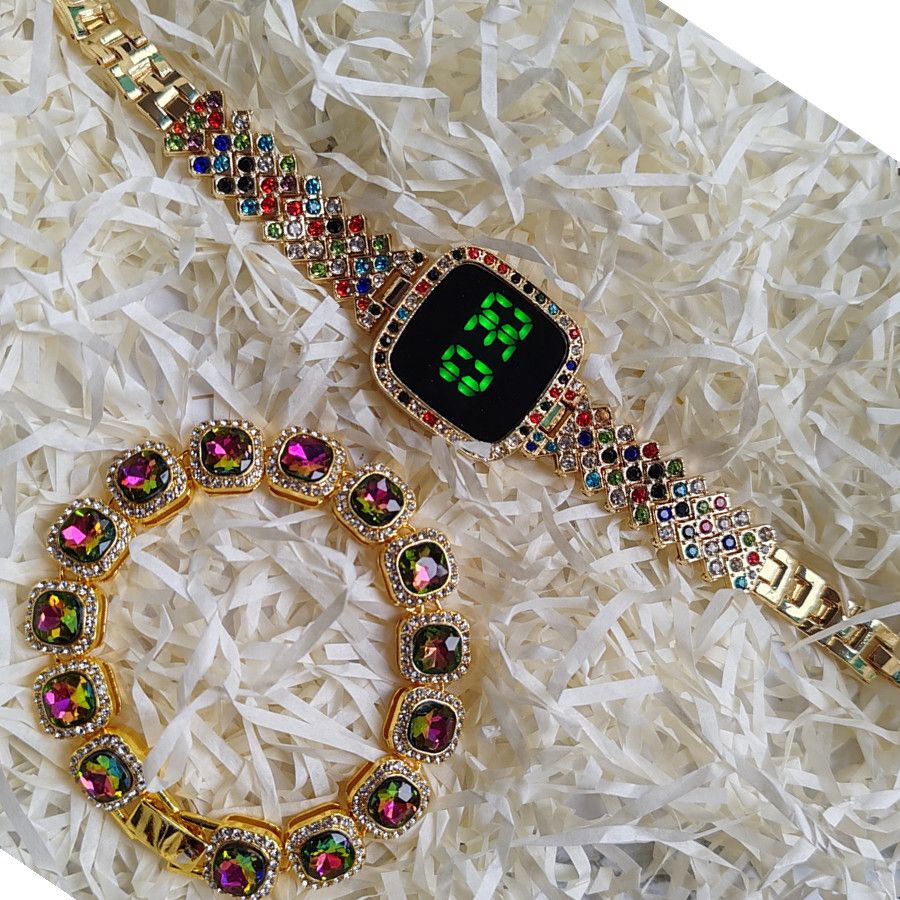 2pcs/set Women's Jewelry Watch Set Square Full Diamond LED Touch Screen Electronic Watches Large Rhinestone Bracelet Hip Hop Fashion Accessories