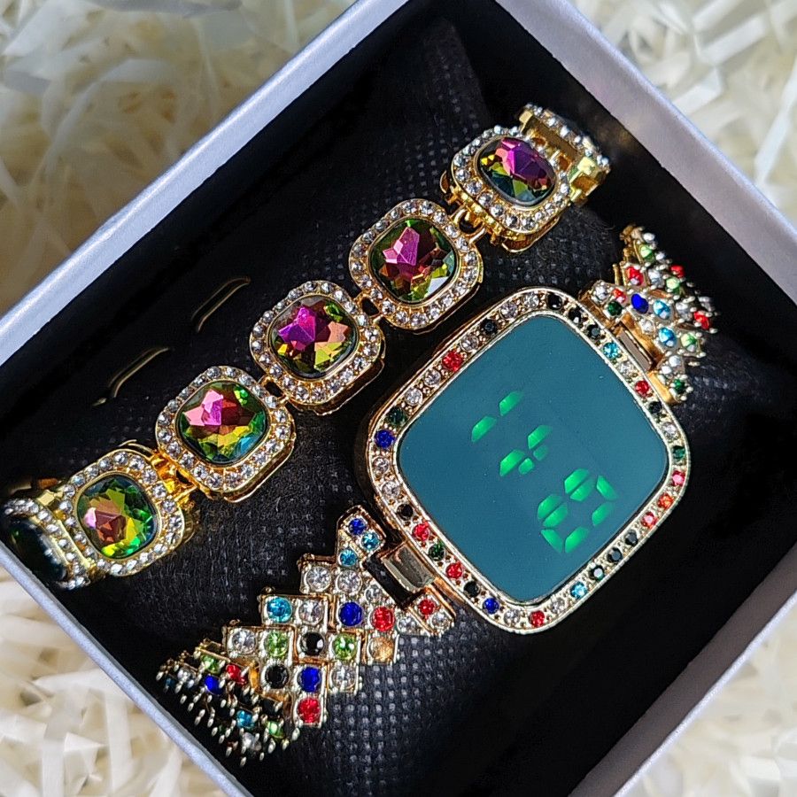 2pcs/set Women's Jewelry Watch Set Square Full Diamond LED Touch Screen Electronic Watches Large Rhinestone Bracelet Hip Hop Fashion Accessories