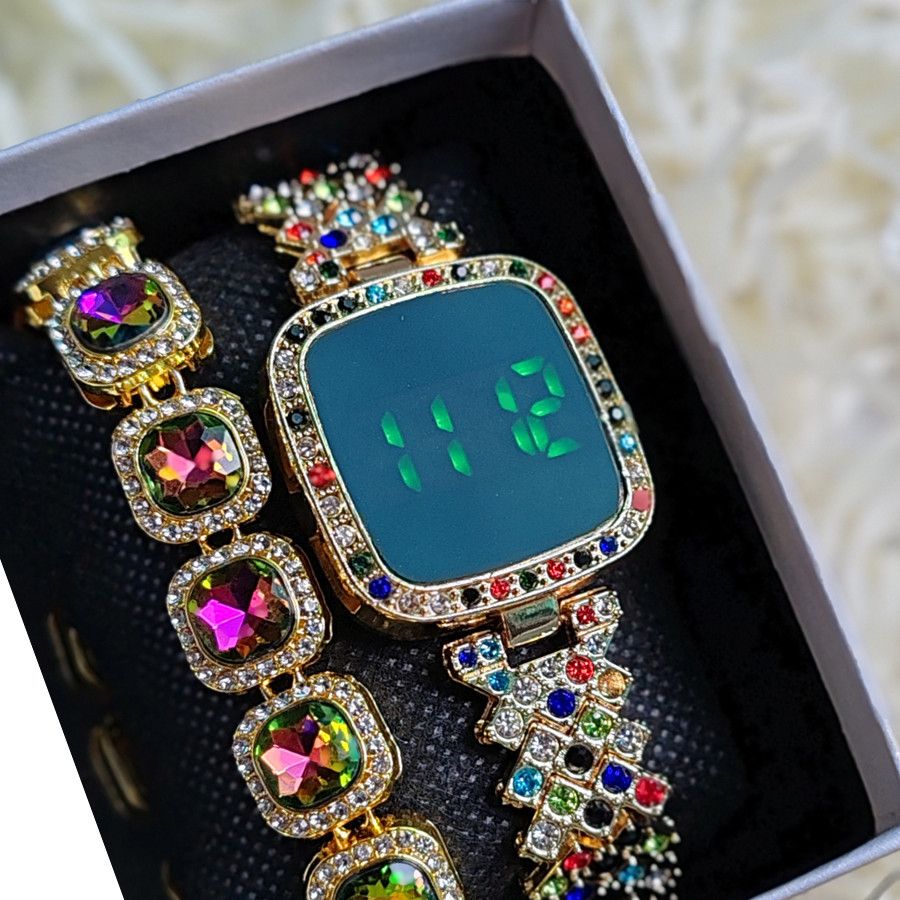 2pcs/set Women's Jewelry Watch Set Square Full Diamond LED Touch Screen Electronic Watches Large Rhinestone Bracelet Hip Hop Fashion Accessories