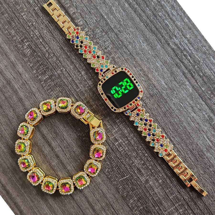 2pcs/set Women's Jewelry Watch Set Square Full Diamond LED Touch Screen Electronic Watches Large Rhinestone Bracelet Hip Hop Fashion Accessories