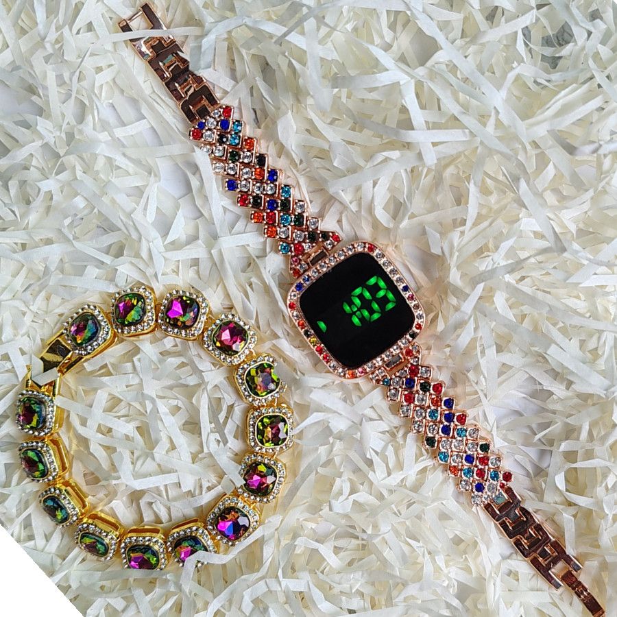 2pcs/set Women's Jewelry Watch Set Square Full Diamond LED Touch Screen Electronic Watches Large Rhinestone Bracelet Hip Hop Fashion Accessories