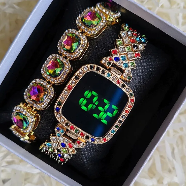2pcs/set Women's Jewelry Watch Set Square Full Diamond LED Touch Screen Electronic Watches Large Rhinestone Bracelet Hip Hop Fashion Accessories