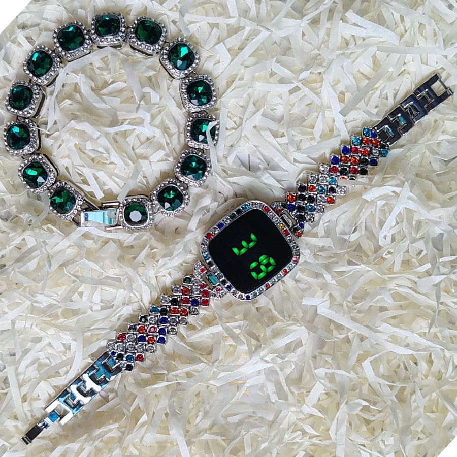 2pcs/set Women's Jewelry Watch Set Square Full Diamond LED Touch Screen Electronic Watches Large Rhinestone Bracelet Hip Hop Fashion Accessories