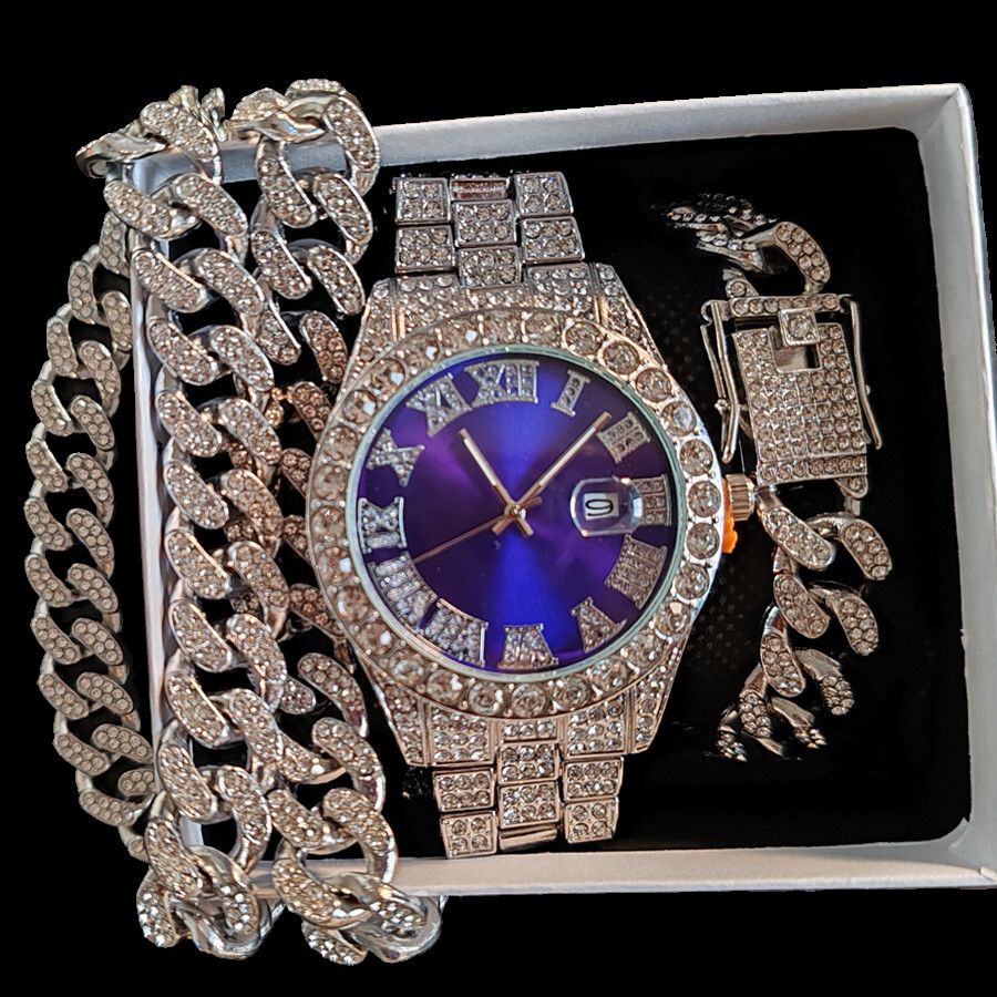 3pcs/set European and American style Hip-hop Diamond Necklace Bracelet Men's Watch Set Gold Quartz  Full Diamond Watch Male Student Steel Band Metal Calendar Gift Set Watch