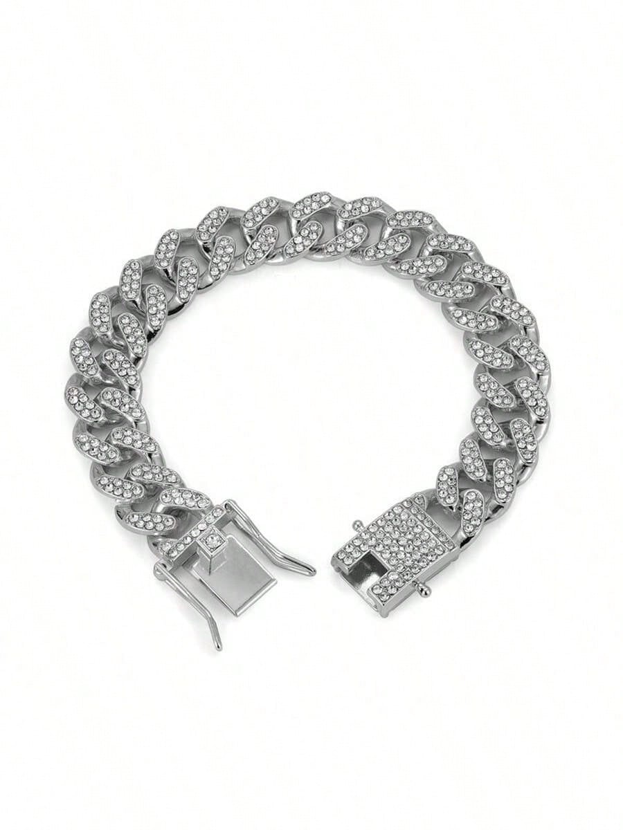 3pcs/set European and American style Hip-hop Diamond Necklace Bracelet Men's Watch Set Gold Quartz  Full Diamond Watch Male Student Steel Band Metal Calendar Gift Set Watch