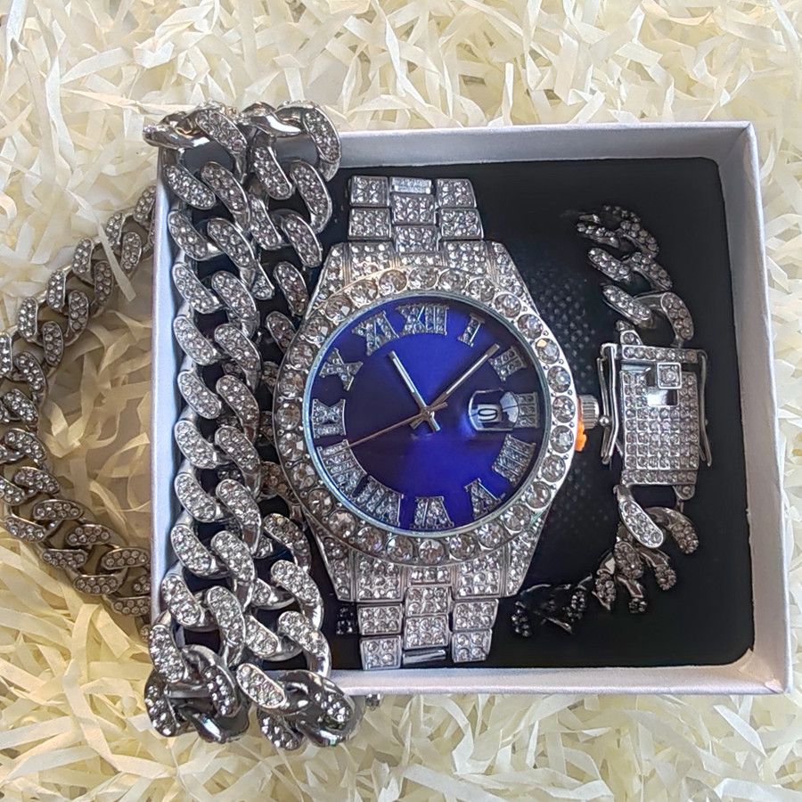 3pcs/set European and American style Hip-hop Diamond Necklace Bracelet Men's Watch Set Gold Quartz  Full Diamond Watch Male Student Steel Band Metal Calendar Gift Set Watch