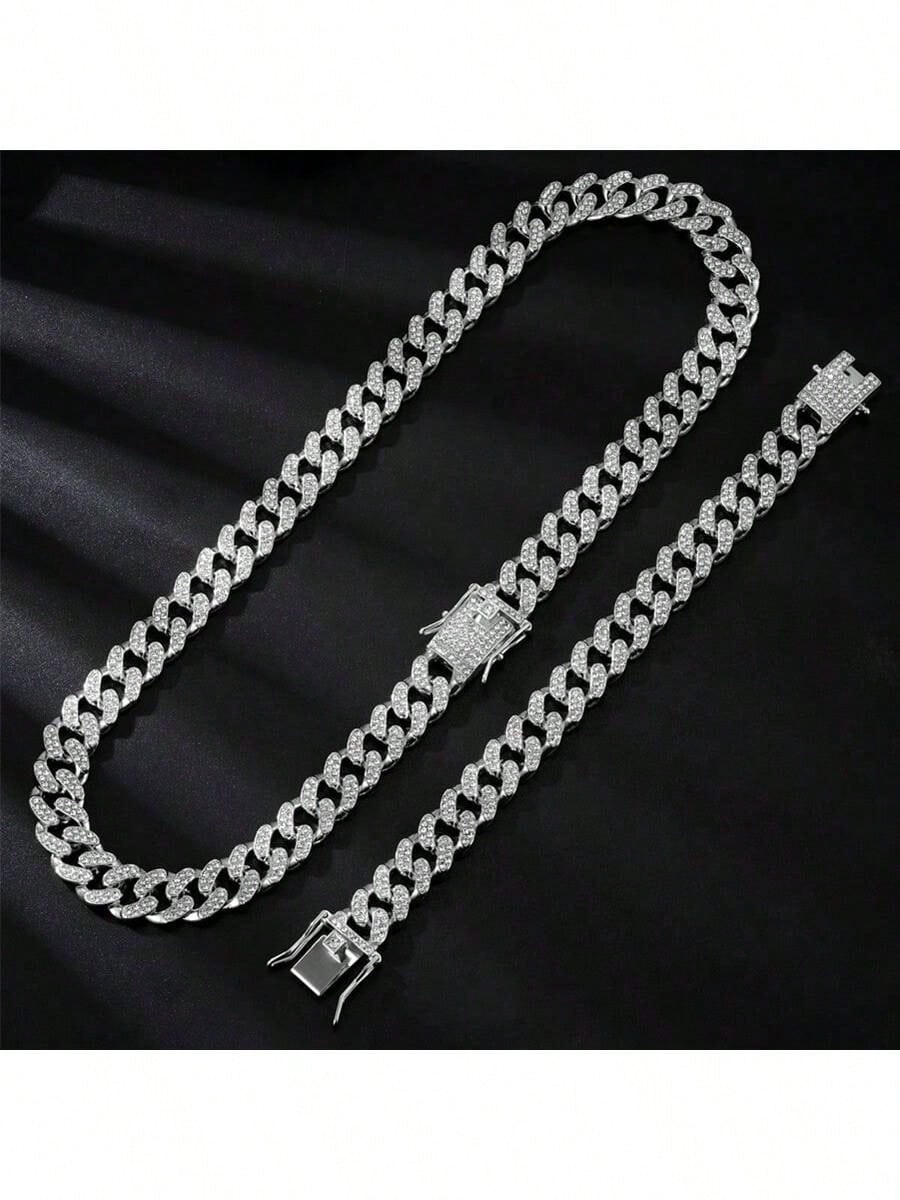 3pcs/set European and American style Hip-hop Diamond Necklace Bracelet Men's Watch Set Gold Quartz  Full Diamond Watch Male Student Steel Band Metal Calendar Gift Set Watch