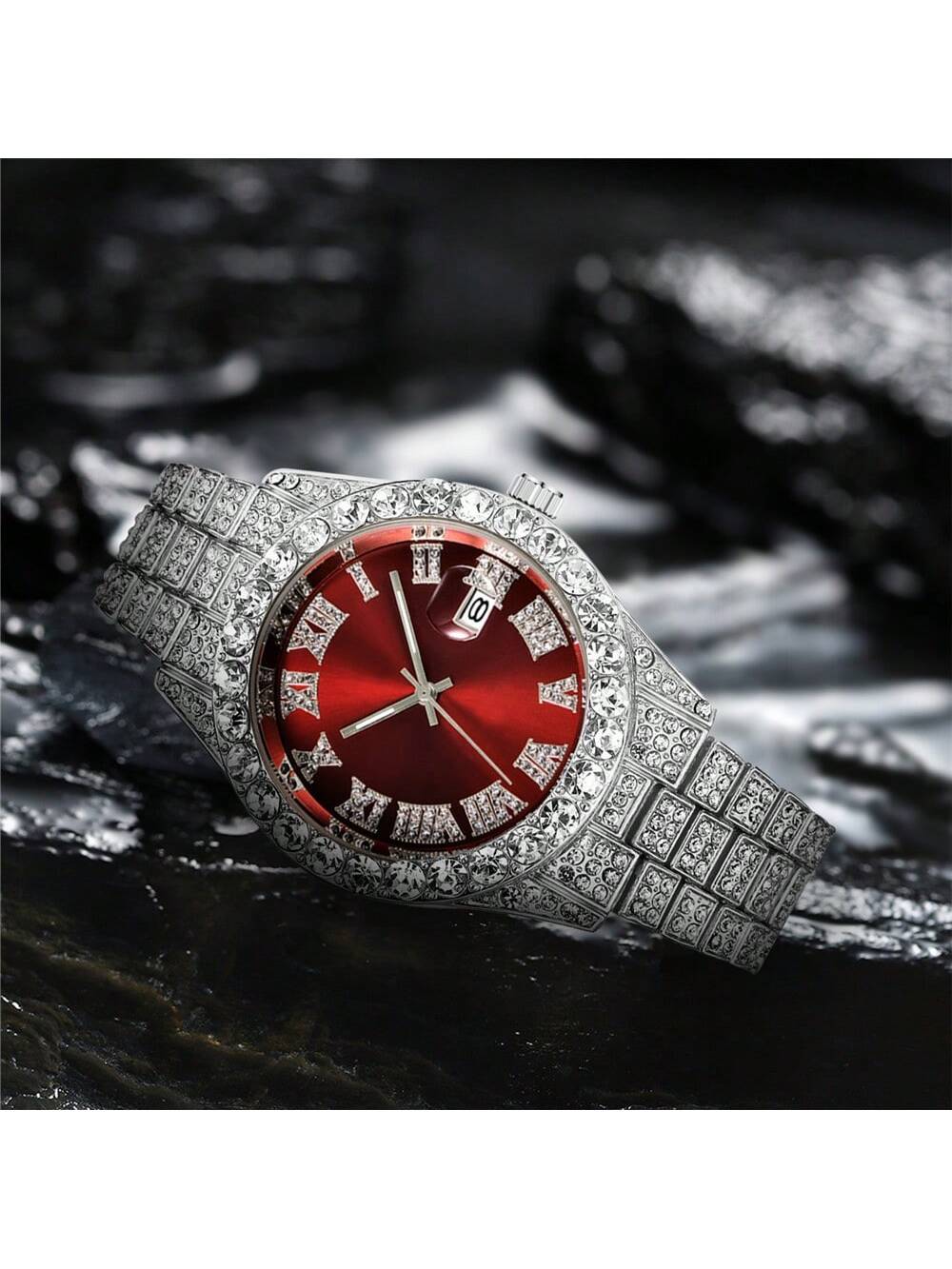 3pcs/set European and American style Hip-hop Diamond Necklace Bracelet Men's Watch Set Gold Quartz  Full Diamond Watch Male Student Steel Band Metal Calendar Gift Set Watch