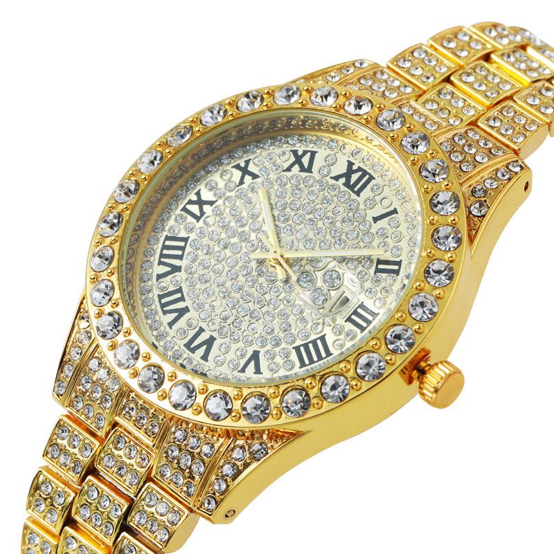 3pcs/set European and American style Hip-hop Diamond Necklace Bracelet Men's Watch Set Gold Quartz  Full Diamond Watch Male Student Steel Band Metal Calendar Gift Set Watch