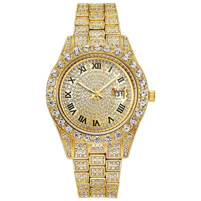 3pcs/set European and American style Hip-hop Diamond Necklace Bracelet Men's Watch Set Gold Quartz  Full Diamond Watch Male Student Steel Band Metal Calendar Gift Set Watch