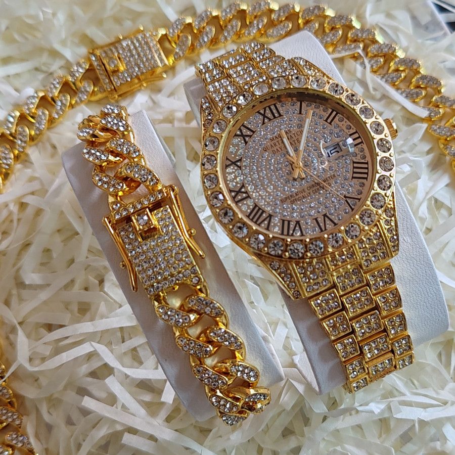 3pcs/set European and American style Hip-hop Diamond Necklace Bracelet Men's Watch Set Silver Quartz  Full Diamond Ice Watch Male Student Steel Band Metal Calendar Gift Set Watch