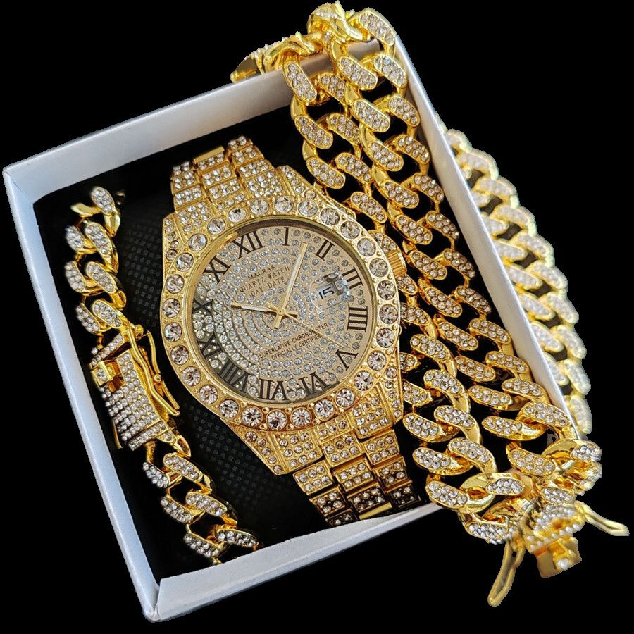 3pcs/set European and American style Hip-hop Diamond Necklace Bracelet Men's Watch Set Silver Quartz  Full Diamond Ice Watch Male Student Steel Band Metal Calendar Gift Set Watch