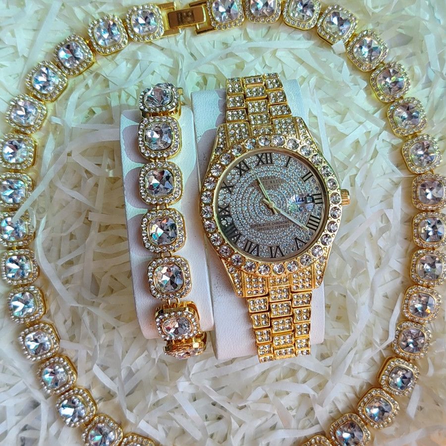 3pcs/set European and American style Hip-hop Diamond Necklace Bracelet Men's Watch Set Silver Quartz  Full Diamond Ice Watch Male Student Steel Band Metal Calendar Gift Set Watch