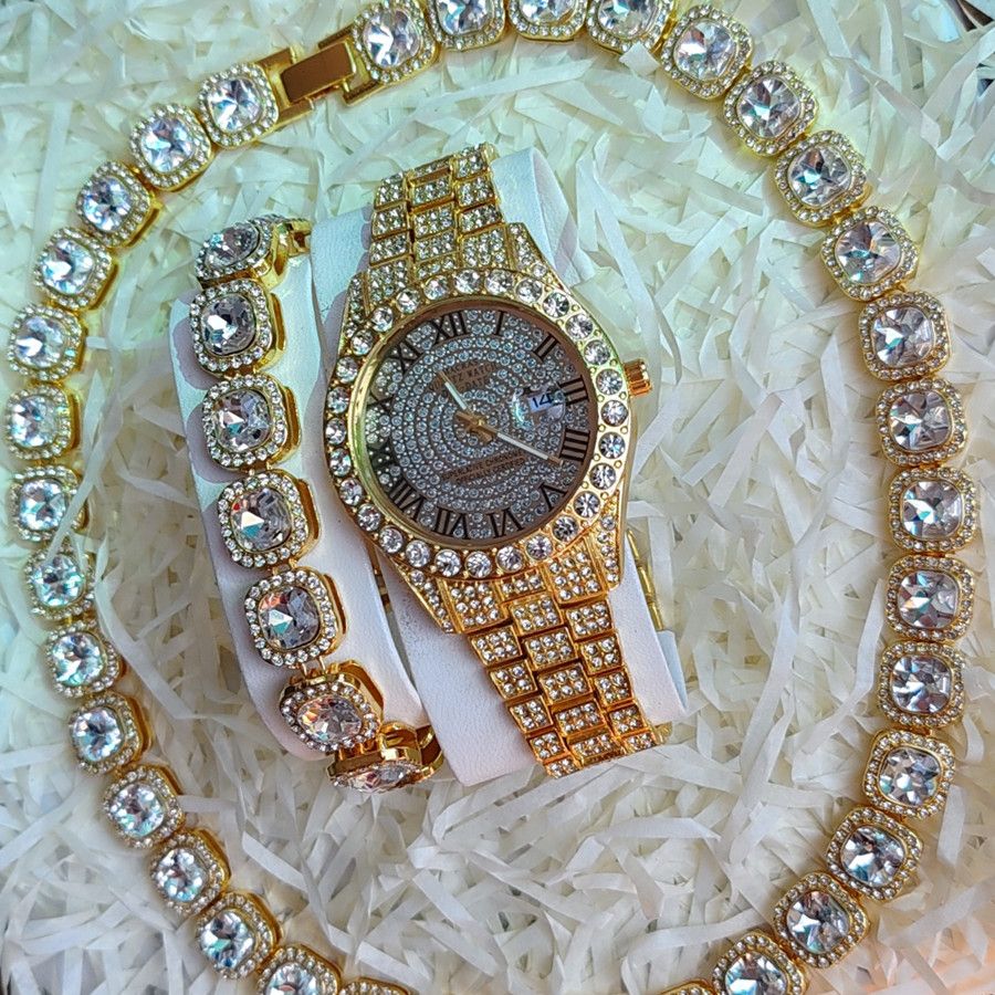 3pcs/set European and American style Hip-hop Diamond Necklace Bracelet Men's Watch Set Silver Quartz  Full Diamond Ice Watch Male Student Steel Band Metal Calendar Gift Set Watch