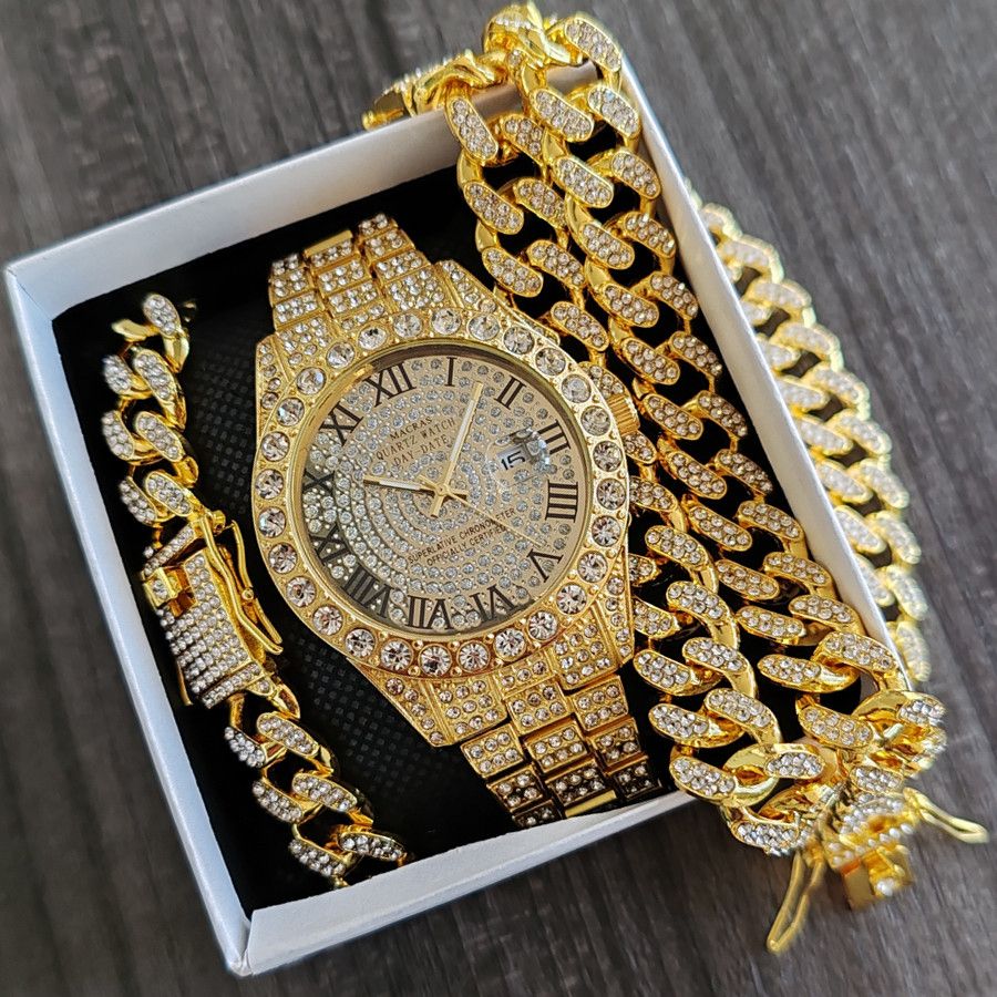 3pcs/set European and American style Hip-hop Diamond Necklace Bracelet Men's Watch Set Silver Quartz  Full Diamond Ice Watch Male Student Steel Band Metal Calendar Gift Set Watch