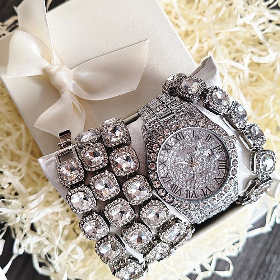 3pcs/set European and American style Hip-hop Diamond Necklace Bracelet Men's Watch Set Silver Quartz  Full Diamond Ice Watch Male Student Steel Band Metal Calendar Gift Set Watch