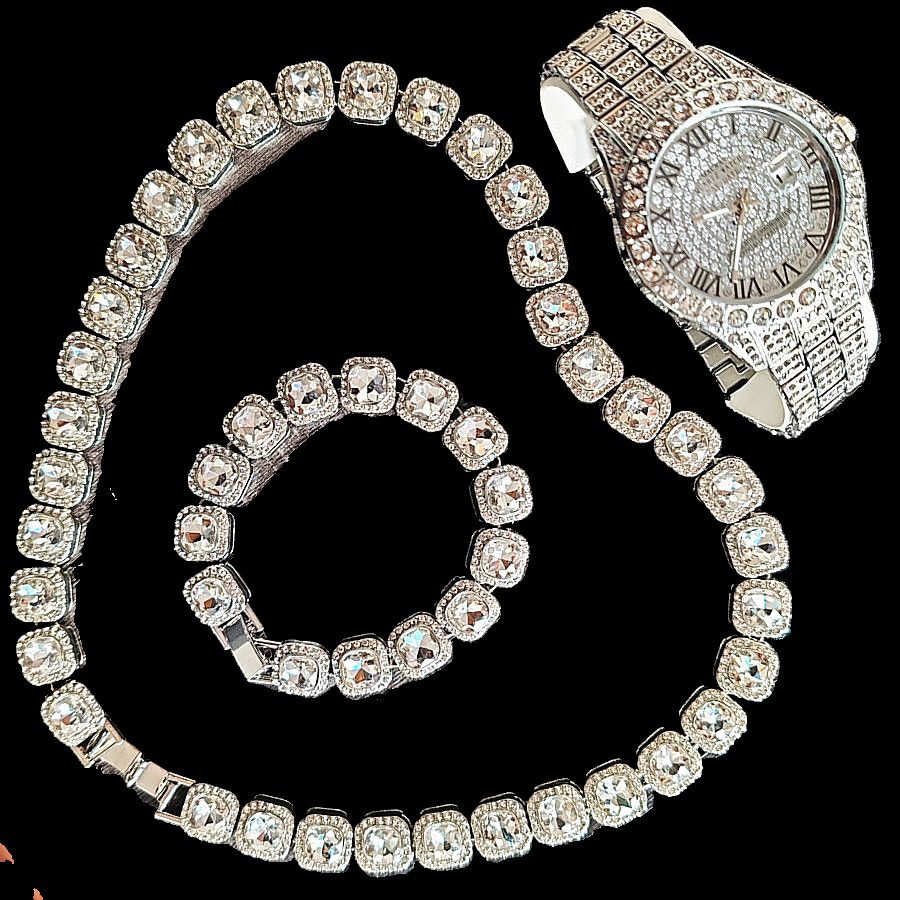 3pcs/set European and American style Hip-hop Diamond Necklace Bracelet Men's Watch Set Silver Quartz  Full Diamond Ice Watch Male Student Steel Band Metal Calendar Gift Set Watch