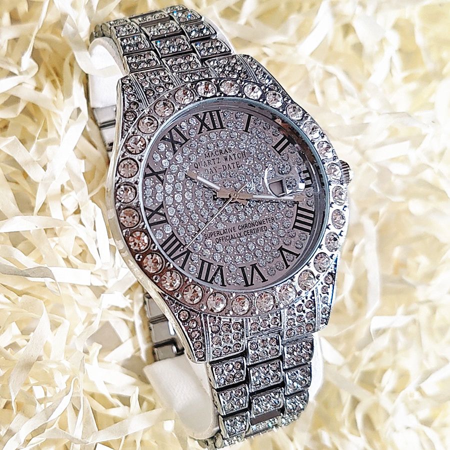 3pcs/set European and American style Hip-hop Diamond Necklace Bracelet Men's Watch Set Silver Quartz  Full Diamond Ice Watch Male Student Steel Band Metal Calendar Gift Set Watch
