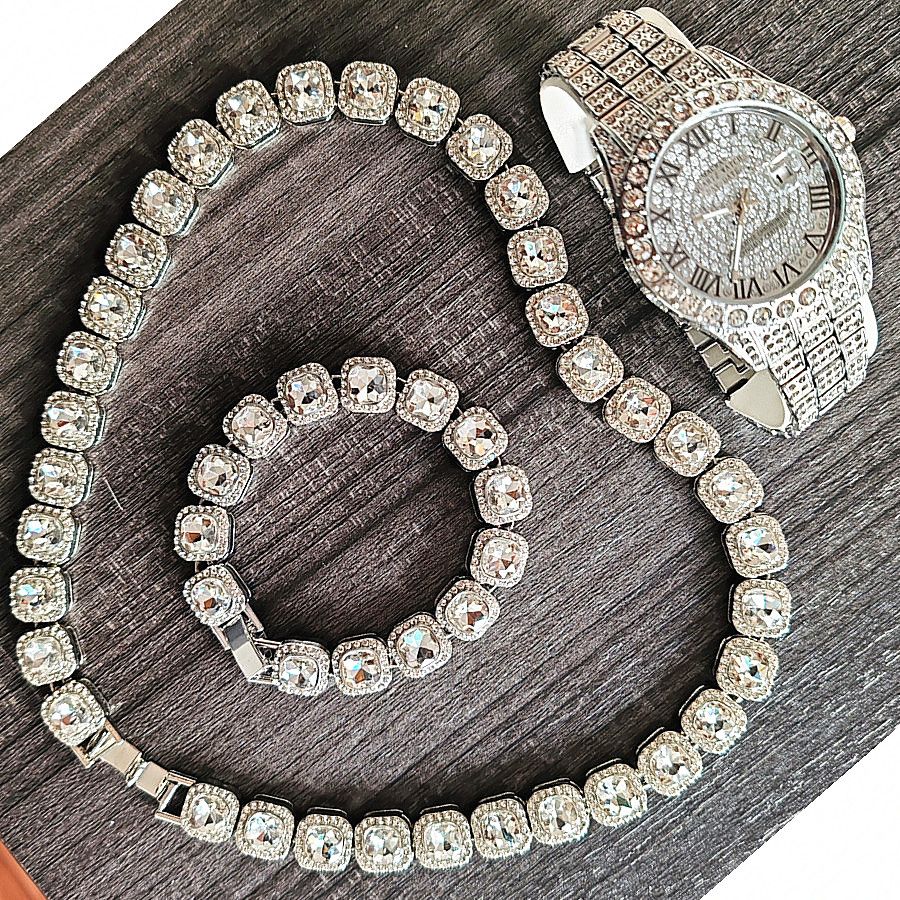 3pcs/set European and American style Hip-hop Diamond Necklace Bracelet Men's Watch Set Silver Quartz  Full Diamond Ice Watch Male Student Steel Band Metal Calendar Gift Set Watch