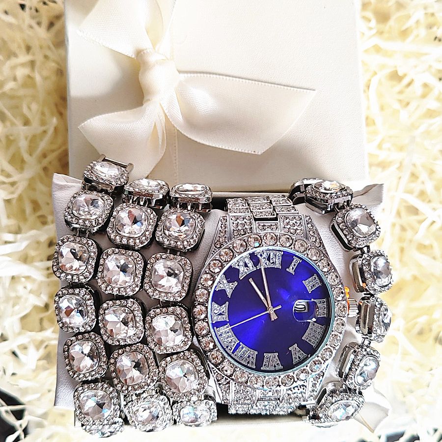 3pcs/set European and American style Hip-hop Diamond Necklace Bracelet Men's Watch Set Silver Quartz  Full Diamond Ice Watch Male Student Steel Band Metal Calendar Gift Set Watch