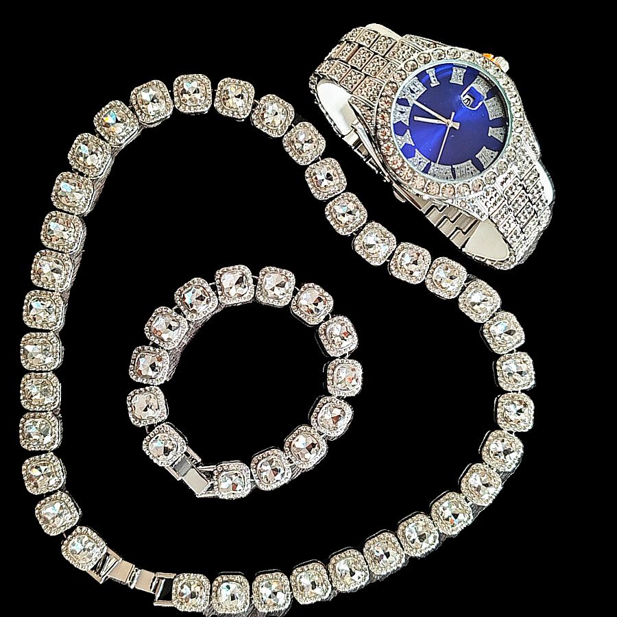 3pcs/set European and American style Hip-hop Diamond Necklace Bracelet Men's Watch Set Silver Quartz  Full Diamond Ice Watch Male Student Steel Band Metal Calendar Gift Set Watch
